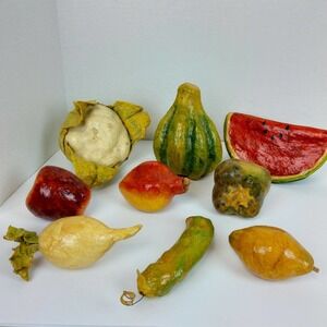 9 Vintage Paper Mache Faux Fruit Vegetables Folk Art Food Realistic